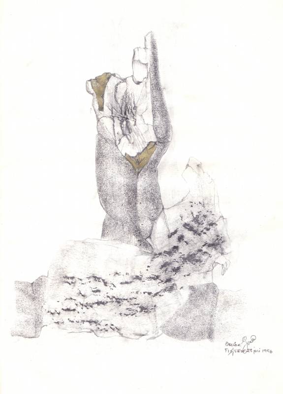 Obelisk 2 - kul, grafit og guld på papir
