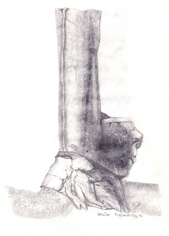 Obelisk 3 - kul, grafit og guld på papir