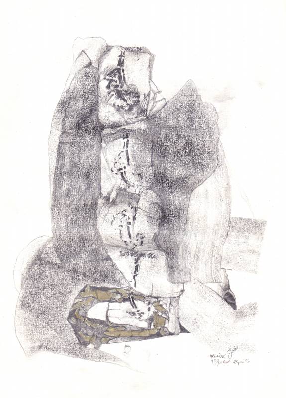 Obelisk - kul, grafit og guld på papir